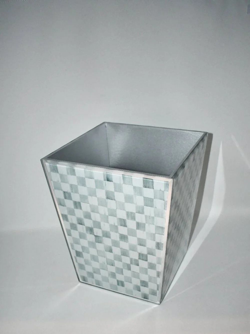 Mackenzie Childs Sterling Check Glass Waste Bin #44102-0540 NIB Details: Printed